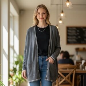 Kit & Ace Merino Wool Cardigan Grey Buttoned Knit Size M L Casual Long